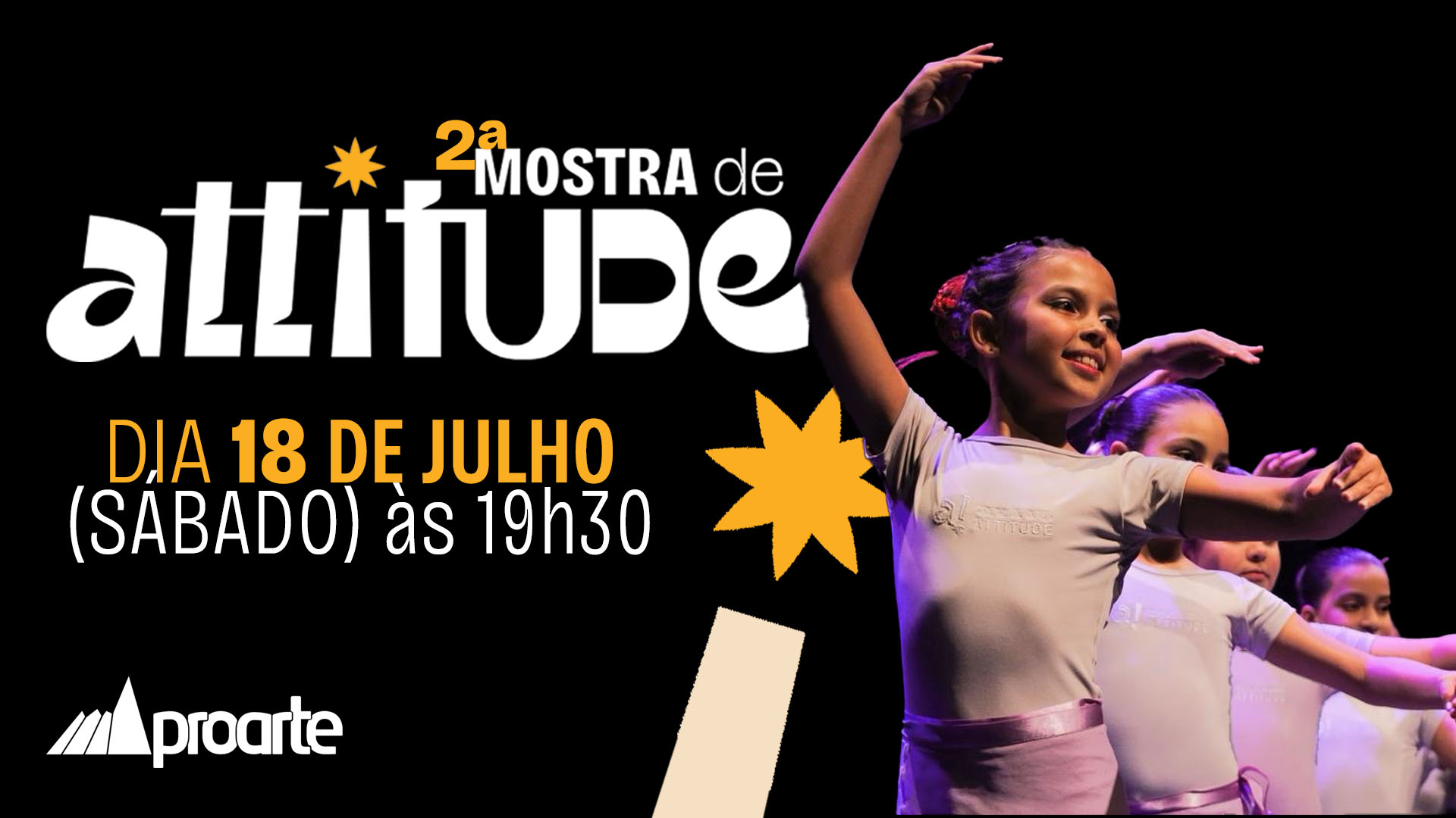 Arte de divulgação da segunda Mostra de Attitude com bailarinas e a identidade visual da marca