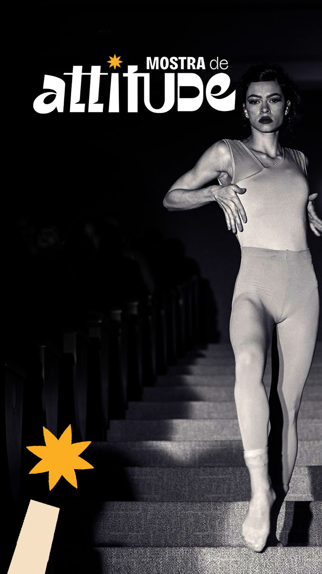 Cartaz vertical da Mostra de Attitude com bailarina em cena