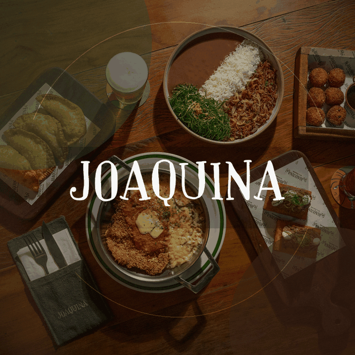 Capa animada do projeto Joaquina com mesa de pratos e logotipo do restaurante